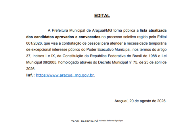 Araçuaí divulga aprovados e convocados do Processo Seletivo 001/2026