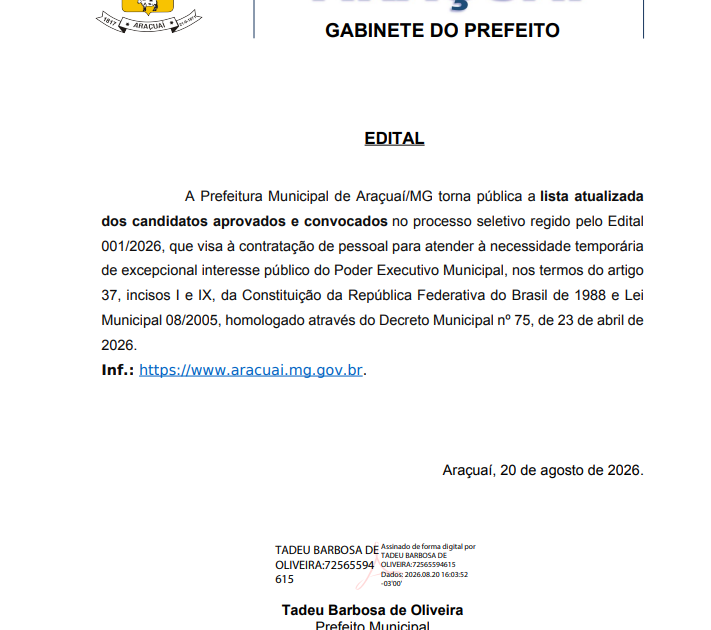 Araçuaí divulga aprovados e convocados do Processo Seletivo 001/2026